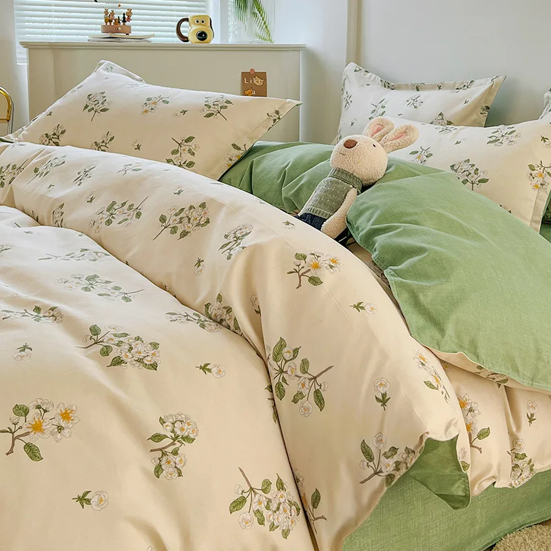 Four-Piece Bed Sheets Plant Printed Floral Duvet Cover Set Quilt Cotton Bedding Set