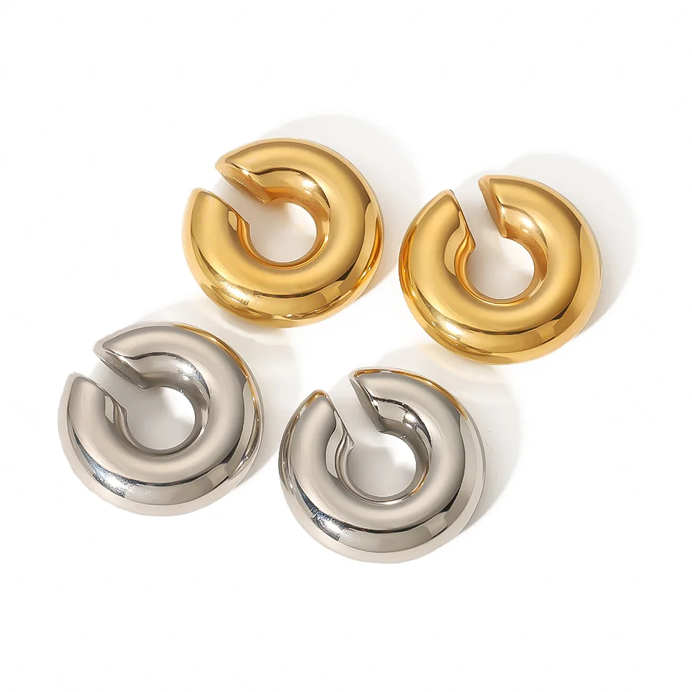 Stainless Steel Thick Cylindrical Tube Hollow Ear Clip Earrings 18K Gold Non-Fading Earrings Wholesale