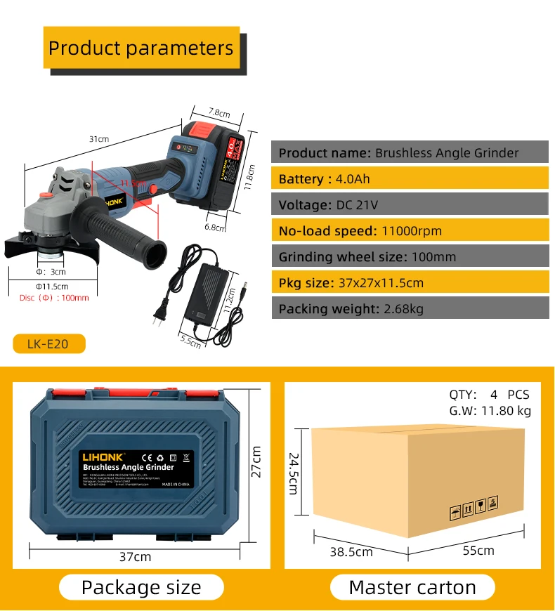 E20-2 600W 1000W Brushless Angle Grinder Industrial & DIY 100mm Grade Electric Tools Cutter Machine with Variable Speed