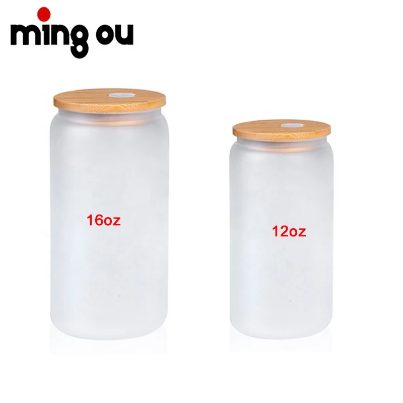 Bamboo Lid and clear Plastic Straw Glass Beer Can12oz 16oz Blank Sublimation Beer Glass Soda Can