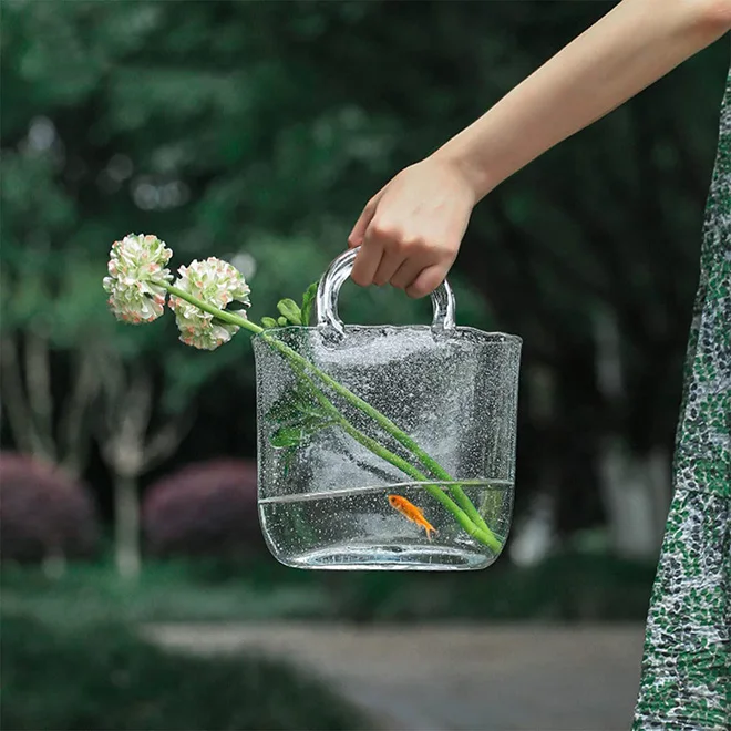 new Customized Professional Purse Vase For Flowers Transparent Glass Bag Vase Unique Handbag Flower Vase