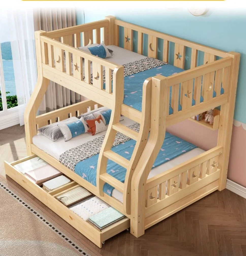 Bunk Bed, Twin Over Full Solid Wood Bunk Bed with Twin Size, Bunk Bed Frame with Guardrail and Ladder  for Kids Teens Bedroom