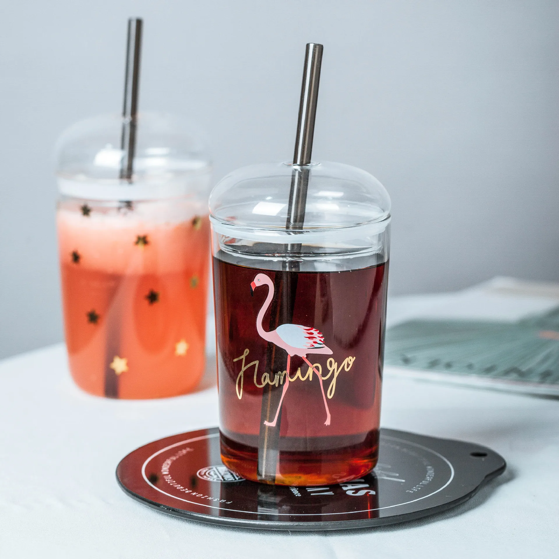 16oz High Borosilicate clear Glass can Cup with glass lids Transparent Coffee Cola Milk Breakfast Glass Juice  Mug with straws