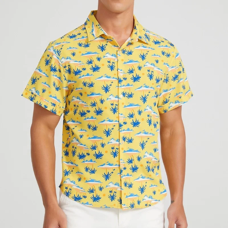 Summer polyester spandex full printing vintage aloha beach short sleeve button up t shirt island resort hawaiian shirt for men
