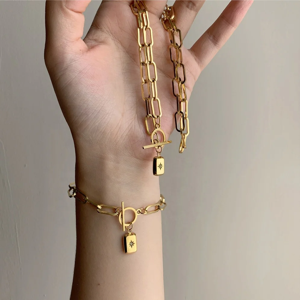 Stainless Steel Bar Circle Eight Pointed Star Bracelet Necklace Square Medallion Paper Clip Chain Necklaces Women Jewelry Set