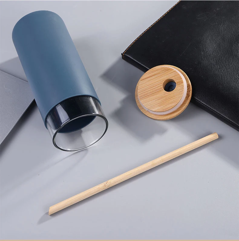 Bpa Free Keep Warm Custom Printing Reusable Water Bottles Cup Bamboo Lid Straight Tumbler with Silicone Sleeve and Straw 500ml