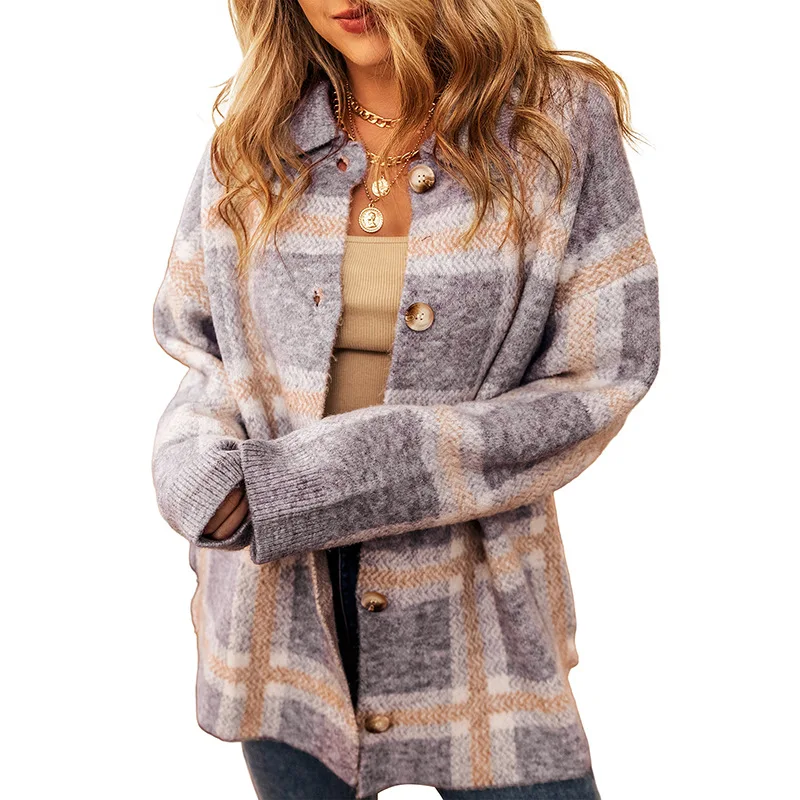 Customized plaid printed cardigan jacket for clothing, versatile, warm and thick knit sweater, Chinese manufacturer