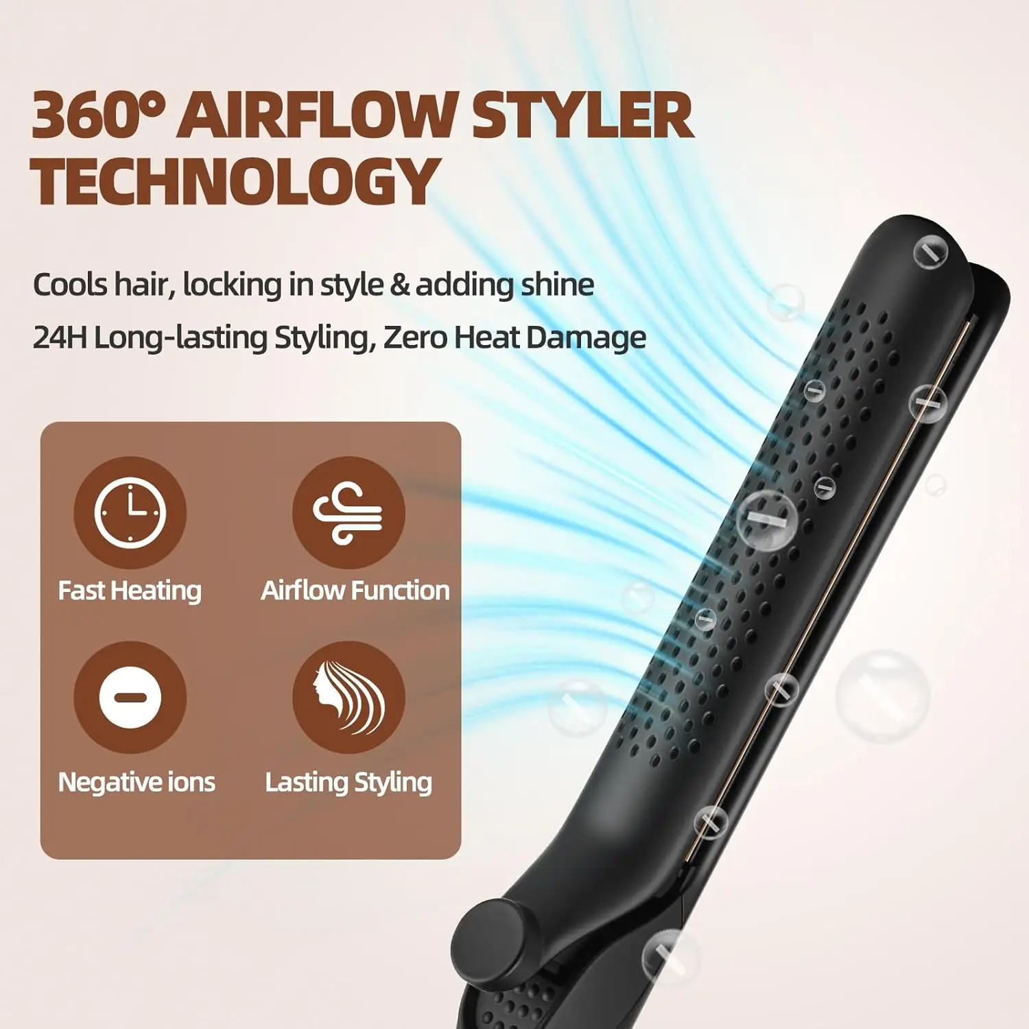 360 Airflow Cooling Air Vents Styler Professional 2 in 1 Curling Iron and Straightener with Ionic Airflow ceramic Flat Iron