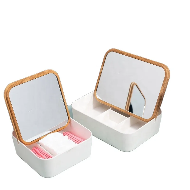 Modern luxury multi purpose pretty makeup case bamboo cosmetic box jewelry storage organizer with lid mirror for women beauty