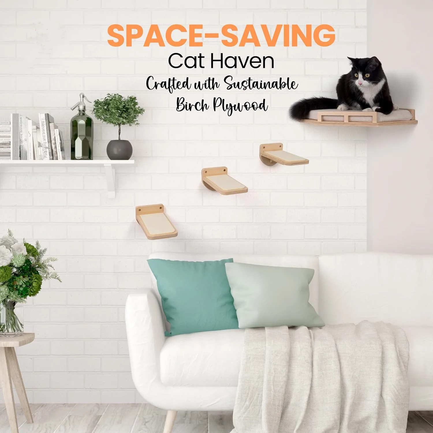 Bamboo wood cat wall mounted climbing shelf and perches