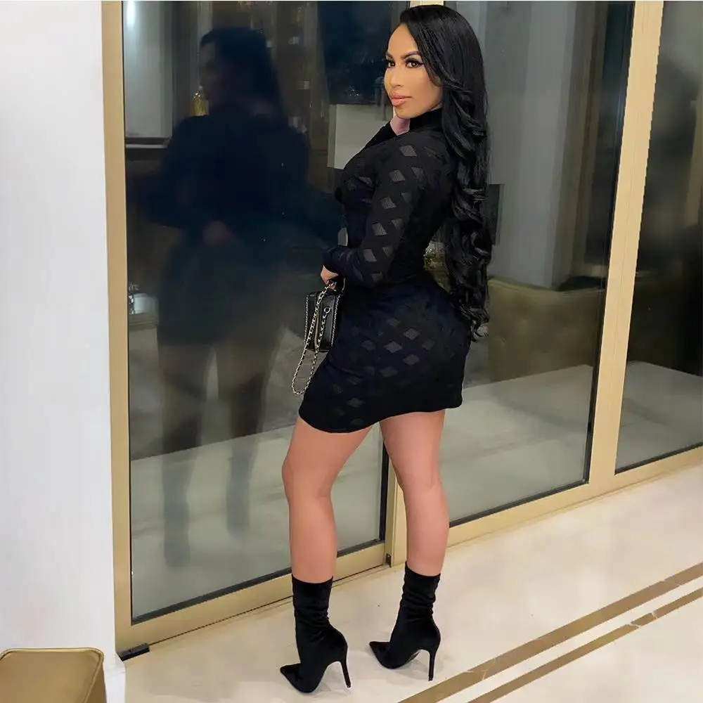 2021 new arrival sexy hollow out zipper pattern high neck split mini dress solid color asymmetrical