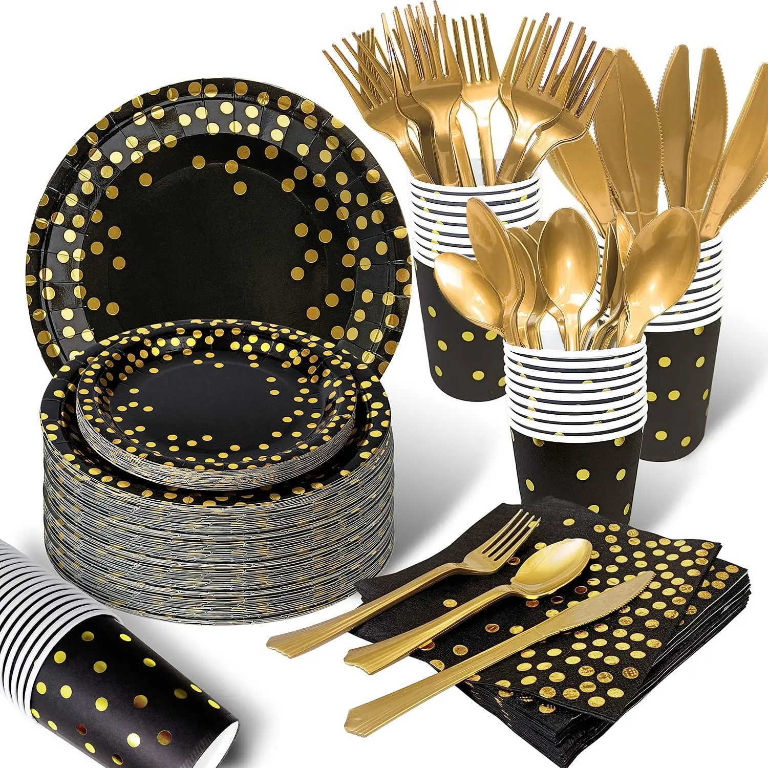 Party Supplies Disposable Party Dinnerware Gold Plastic Forks Knives Spoons Golden Dot Paper Plates Black Napkins Cups