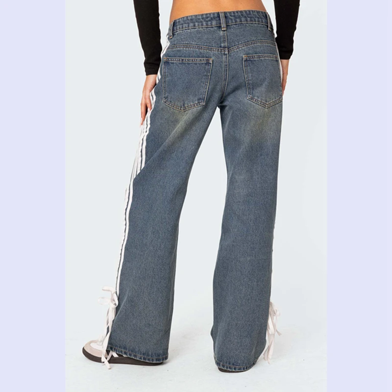 Channel Streetwear Y2K Girl Boyfriend Jeans For Ladies Stripe Side Bow Flared Straight Leg Denim Jeans 2024