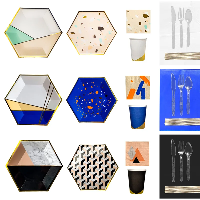 Partybus Fashionable Disposable Bio-degradable Hexagonal Blue Party Paper Plates