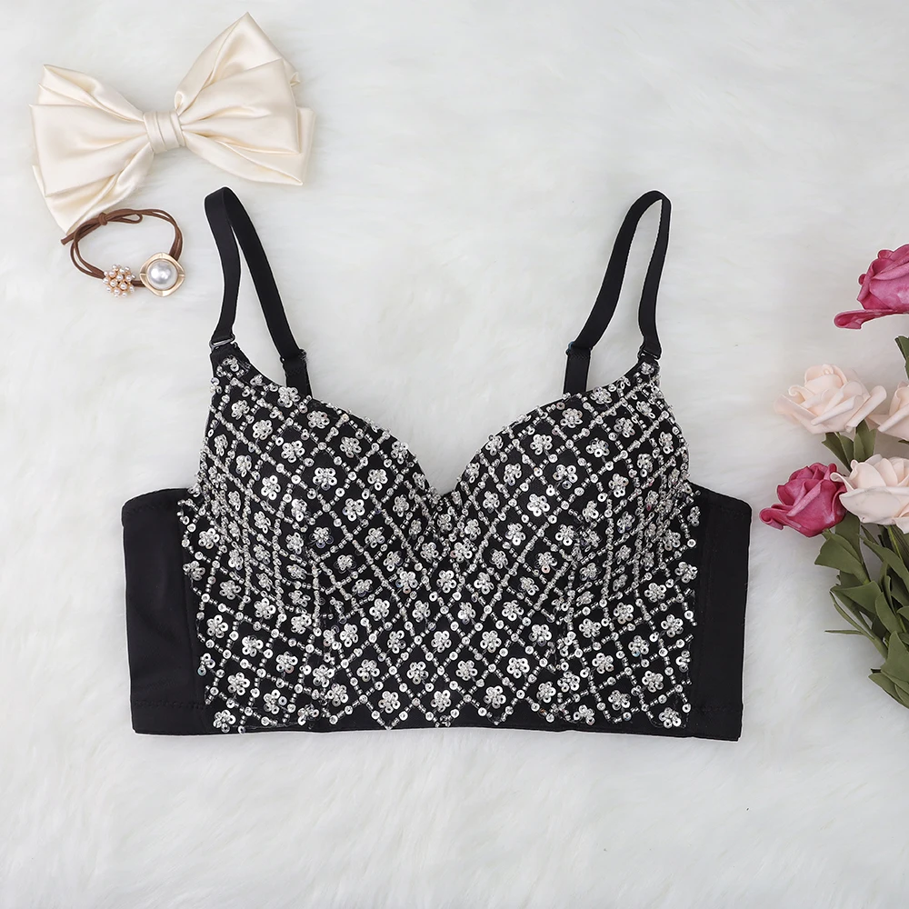 Luxury sequin bead Plaid bustier top sexy ball bra corset top