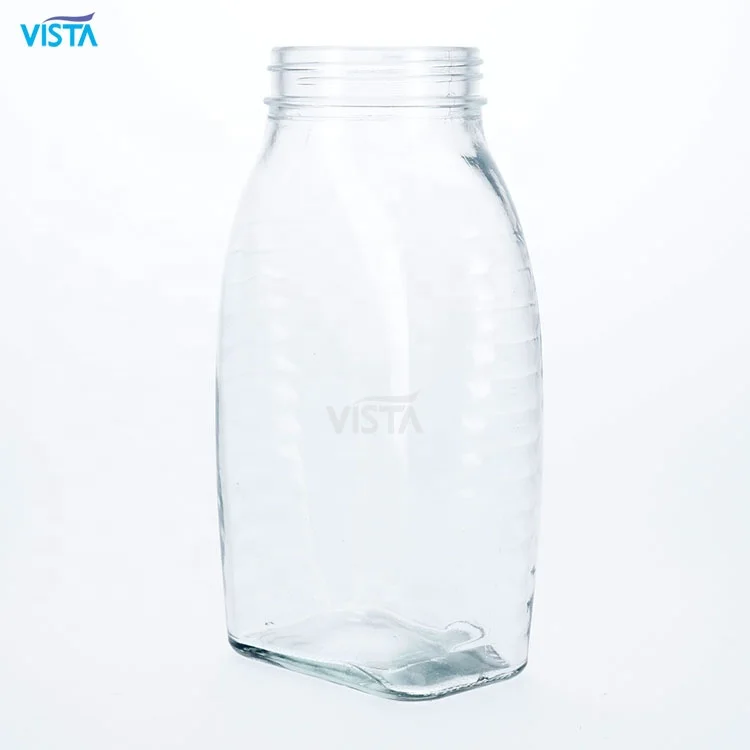 650ml Clear Transparent Queenline Honey Glass Jar Lines Embossment Flat Jar For Food Storage With 63mm Screw Lid