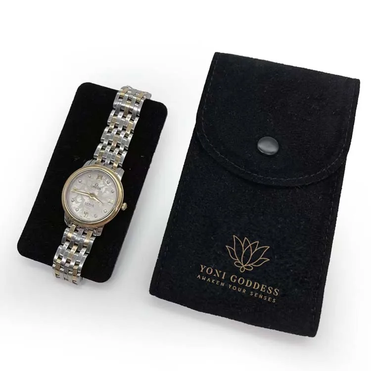 Luxury custom watch pouch bag logo,Velvet bag watch strap pouch black button close jewelry packaging with cushion interior role