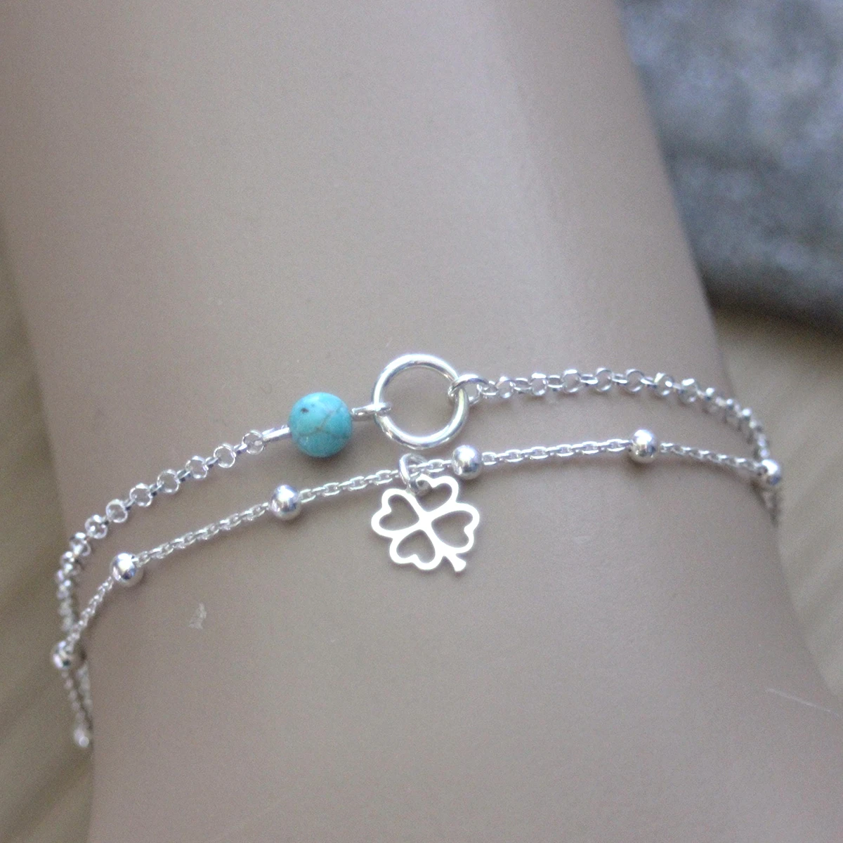 Wholesale 4 Leaf Clover Charm Beaded Jewelry 925 Sterling Minimalist Clover Silver Bracelet With Beaded Chain