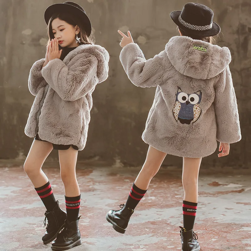 Winter Warm Kids Jacket Hooded Fur Girls Coats Cartoon Cotton Children Outerwear Thick Windproof Teenage Clothing Windbreaker