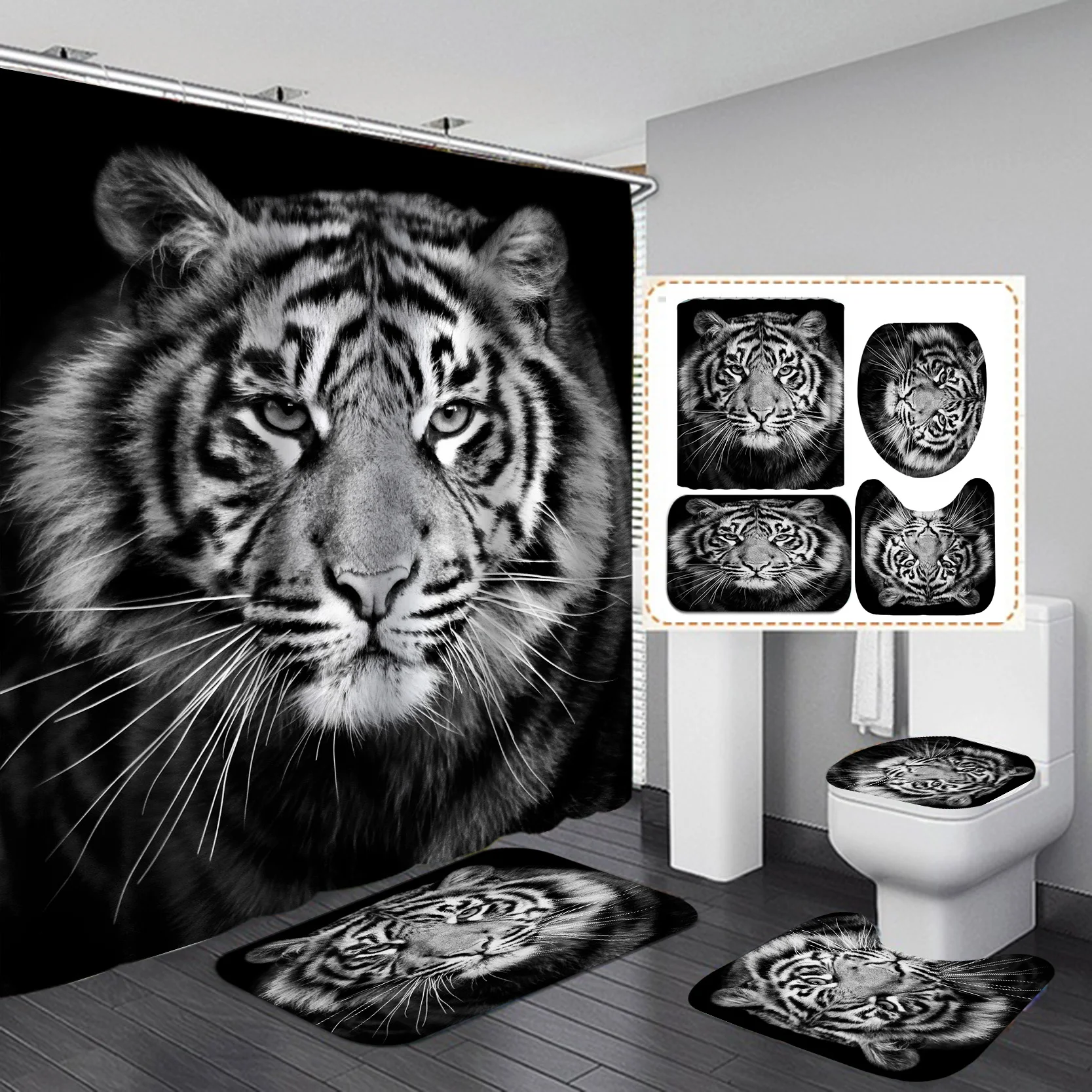 2021 New Hot Products Animated Lion Head Animated Animal Shower Curtain with Bathroom Set