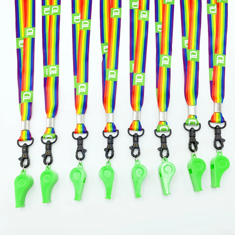 Rpet dye sublimation rainbow color plastic whistle keychain lanyard Logo Custom for promotion event strap ribbon