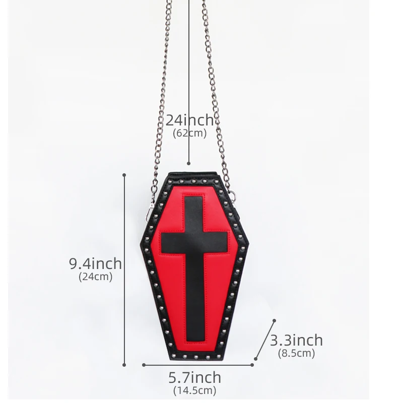 Gothic Coffin Shaped Handbag Vegan Pu Leather Custom Goth Cross Shoulder Bag