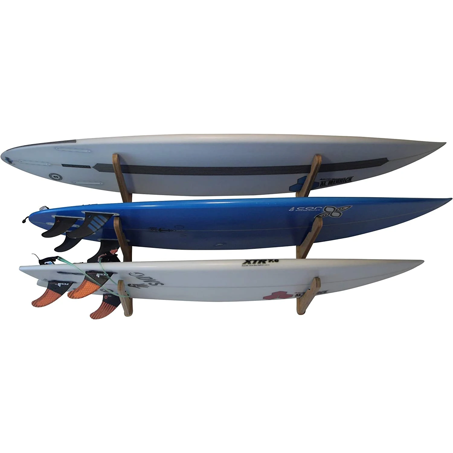 Wooden Surfboard Wall Mount for Surf Boards Snowboards Skateboards Kiteboards and Wakeboards Triple Tier Surf Board Display