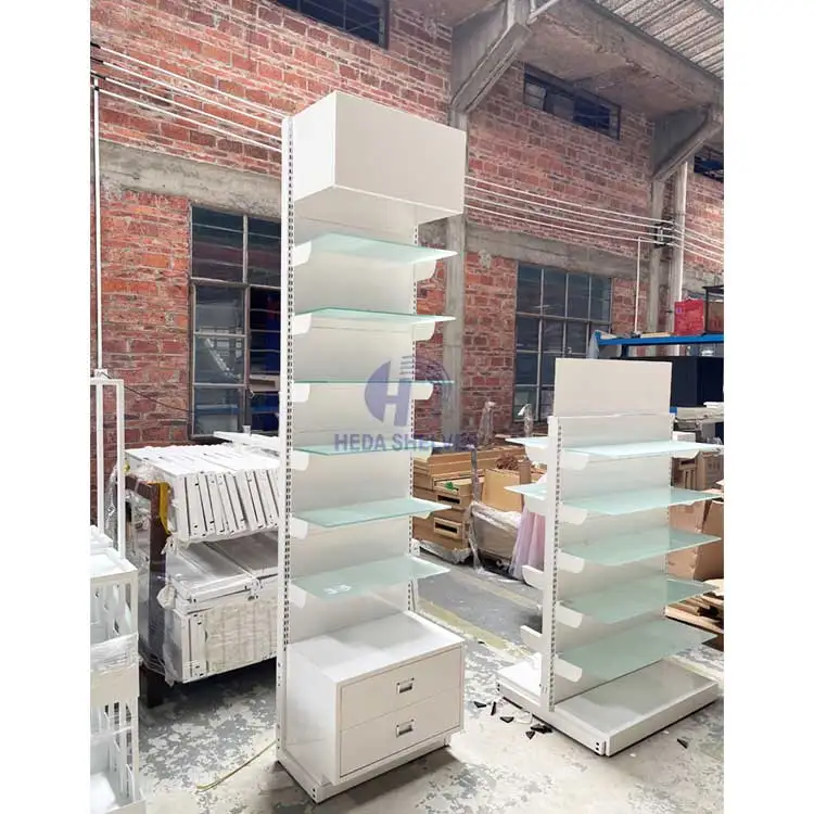 Glass Layer Board White Color Shelves Gondola Shelving Rack Laminate Showroom Display Rack Slatwall Shelves For Retail Store