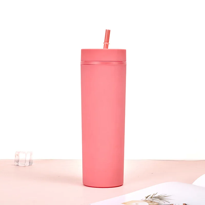 Portable Tumbler Cup Matte Plastic Water Bottle with Reusable Straw and Lid Double Wall Custom Logo Straight Cup