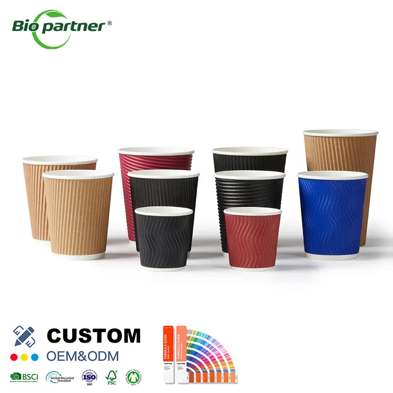 Custom Ripple Wall Insulated Disposable Paper Coffee Cups Restaurants Cafes Take Away Cups With Lid