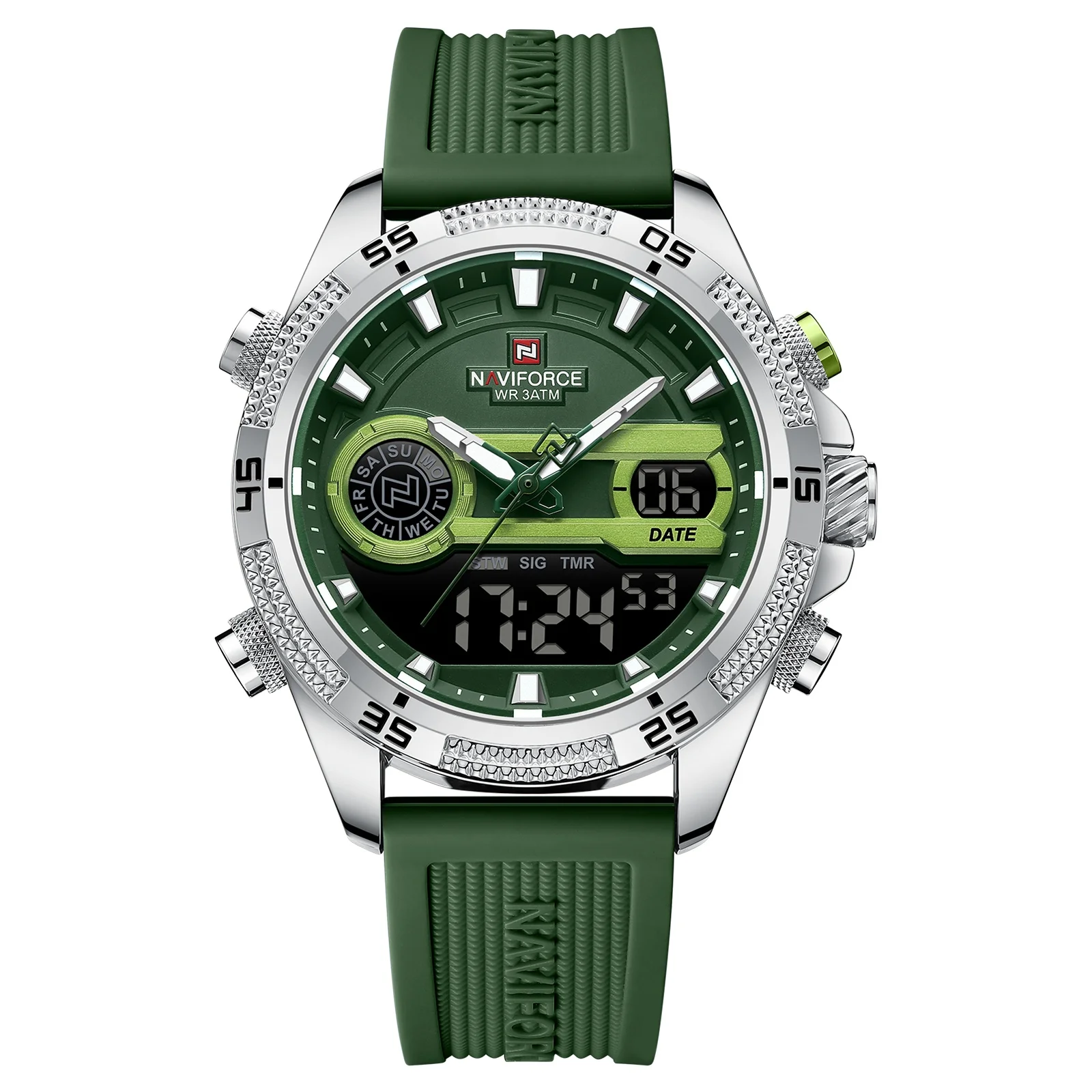 New NF9223 Fashion  Mens Dual Display Quartz Watches Silicone Strap Waterproof Luminous Date Wristwatch Digital Watch For men