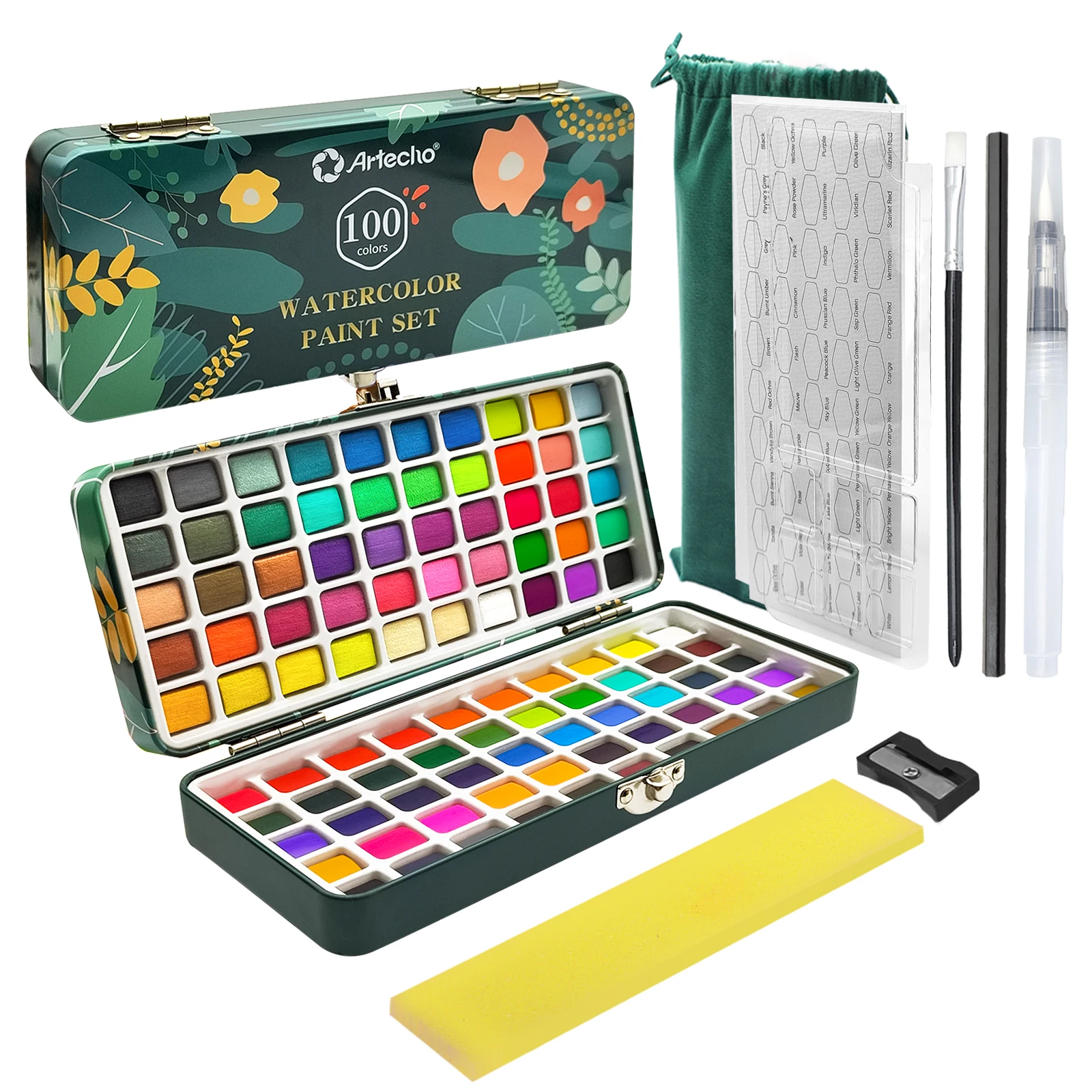 Artecho 100 Colors in Portable Box, Travel solid Watercolor Set Free Gifts Tin Box certificated by  ASTMD