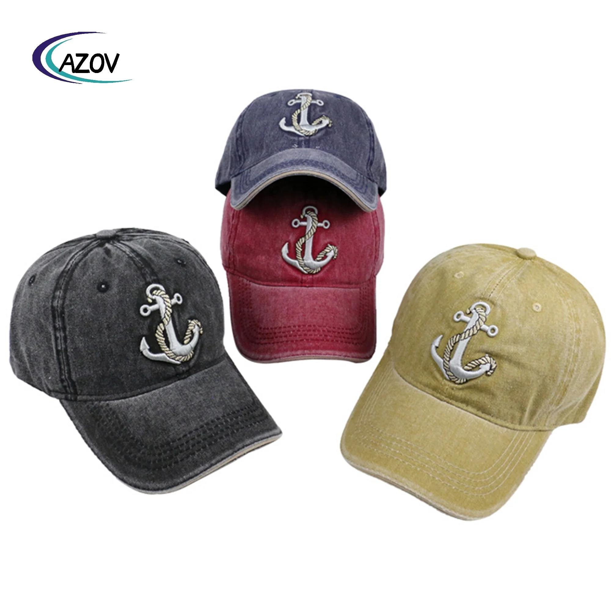 Hat Denim Double-Layer Washed Fabric Baseball Cap Pirate Ship Anchor Embroidered Peaked Cap Sun Hat Sun Protection Hat Female