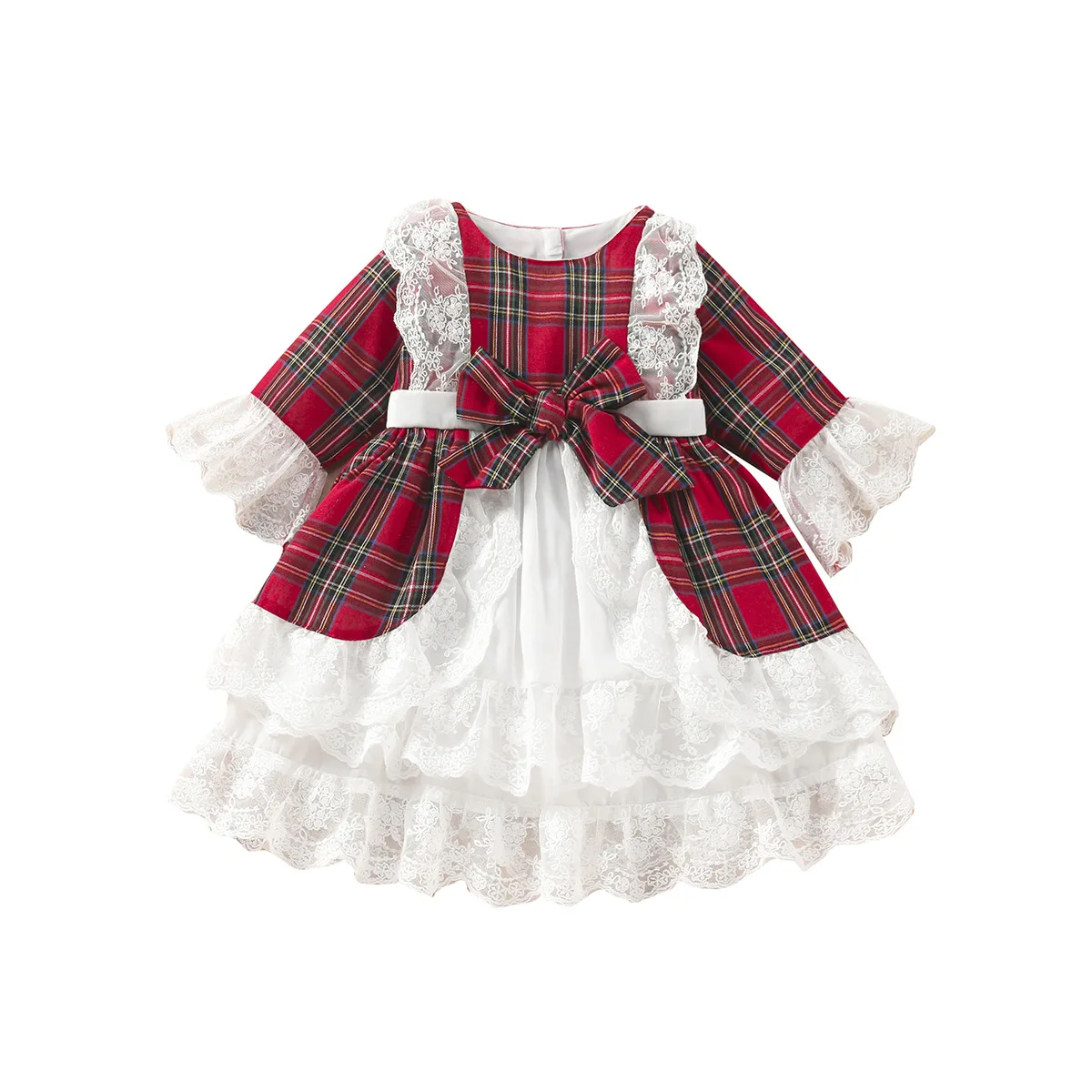Hot Selling Winter Infant Girls Dresses Christmas Red Plaid Splicing Dresses Cute Baby Lace Princess Dresses
