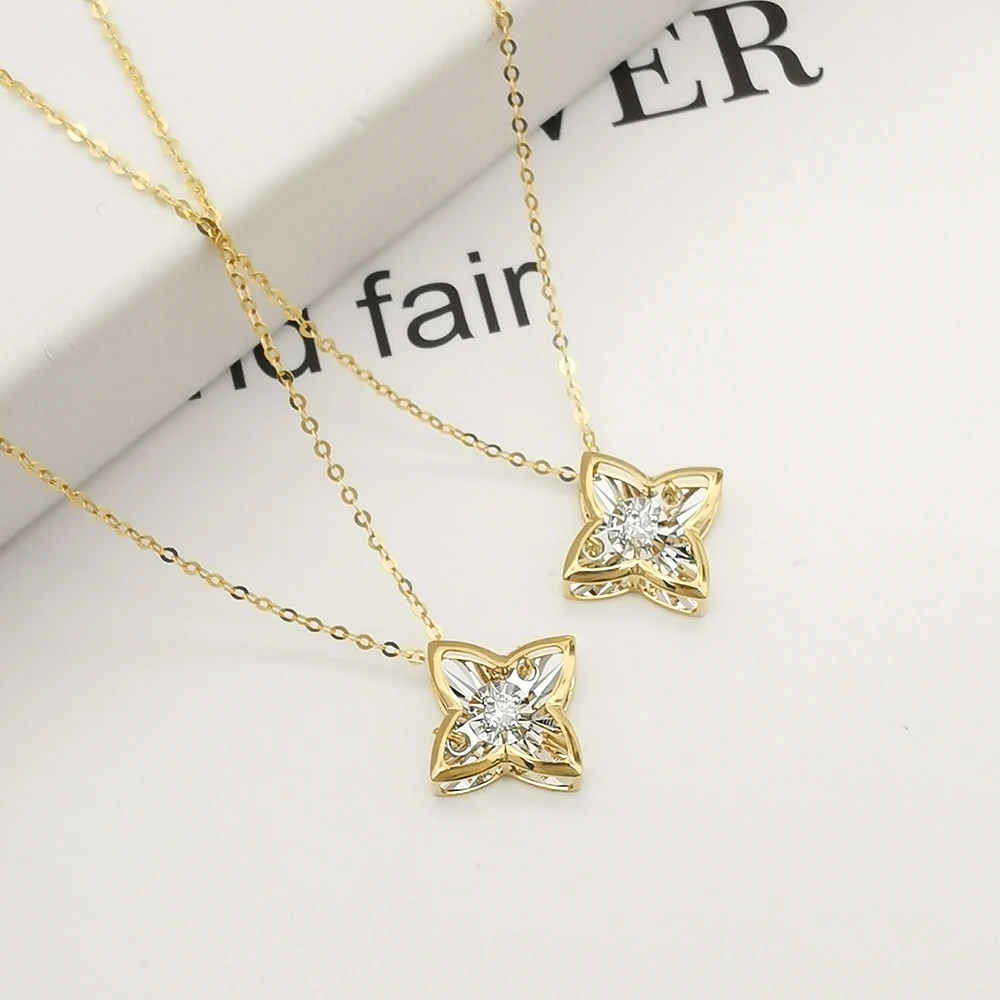 Diamond Necklace Women Jewelry Shaped Girl Necklace 18K Gold Jewelry Fashion 18k Solid 4 Leaf Flower Pendant Necklaces 2 Pcs