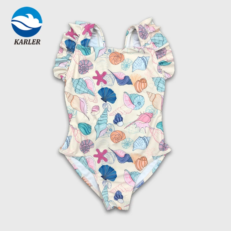 Karler Swimwear Sublimation Fully Lined Ruffle Sleeveless Flutter Sleeves Girls Kids Children One Piece Swimwear Swimsuits
