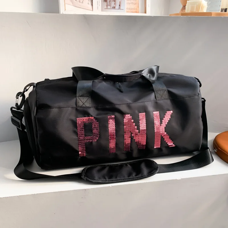 Customized Glitter Shiny Logo Large Capacity Pink Duffle Bags Women Waterproof Sports Travel Duffel Bags With Shoe Compartment