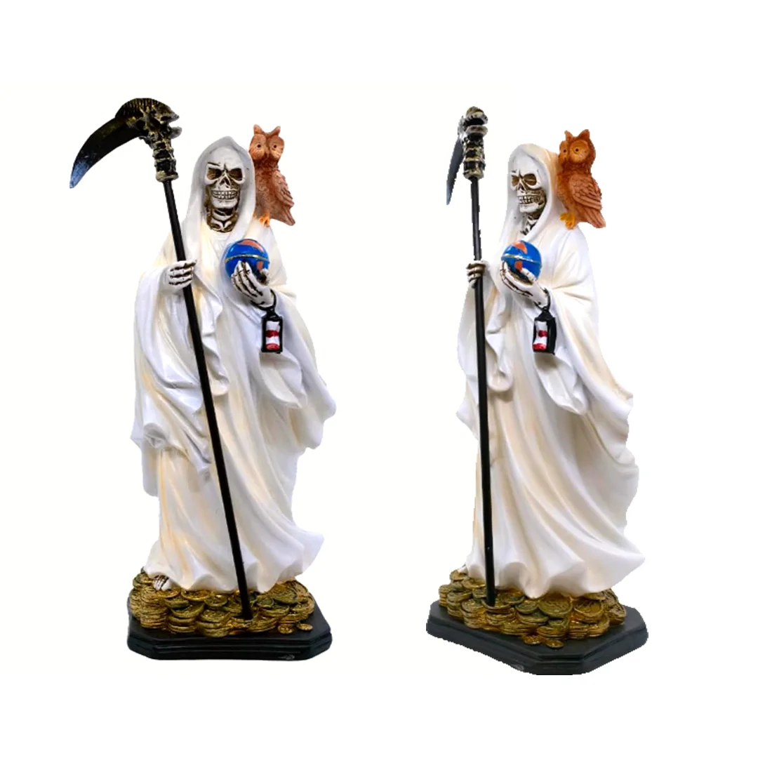 Holy Death Religious Robe | Skeleton Statue Standing Santa Muerte Holding Scythe and Scales of Justice with Wise Owl Figurine