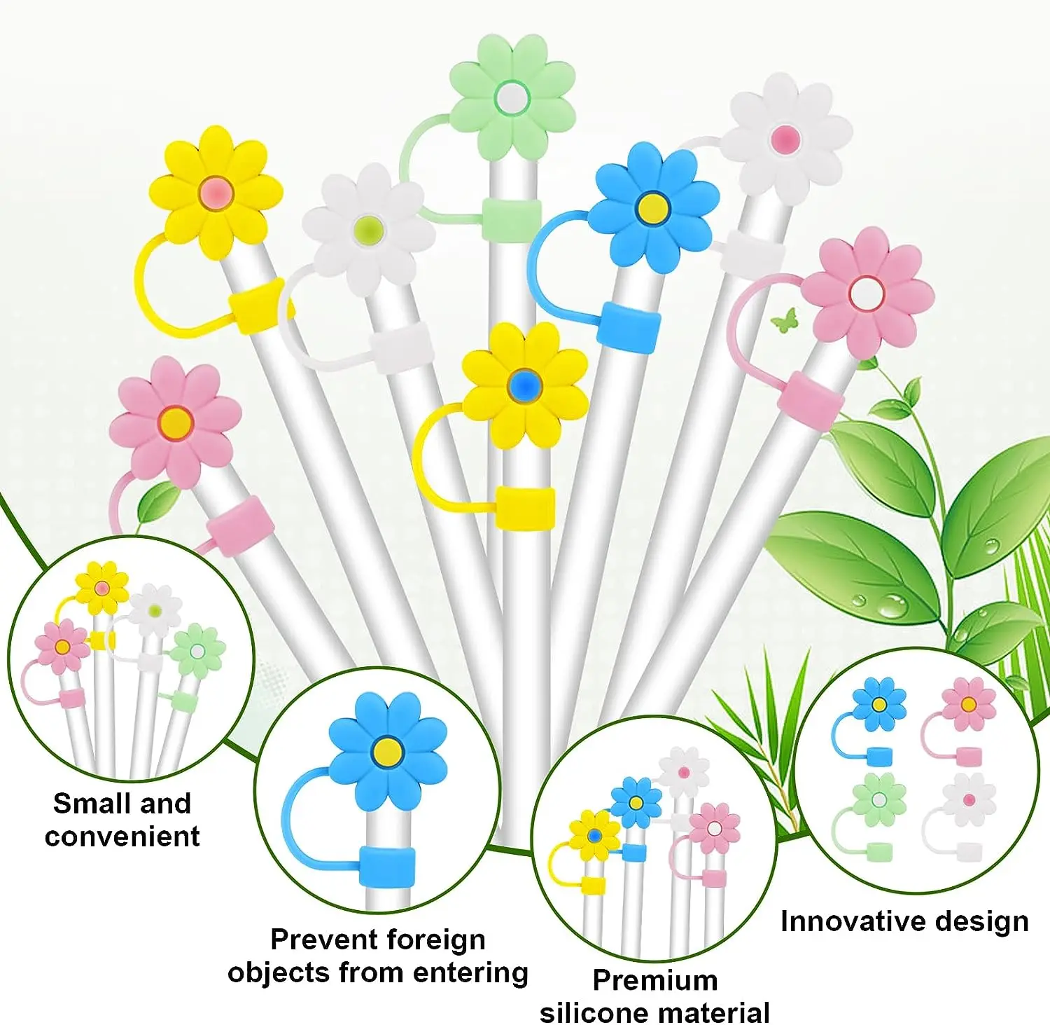 Silicone Flower Straw Cover Topper for Stanley Cup Compatible with 30&40 Oz Tumbler with Handle Straw Tip Covers 10mm 0.4in