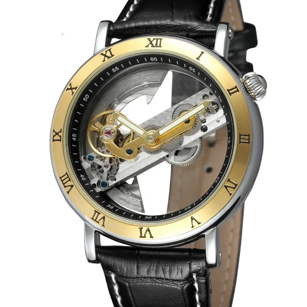 Classical Royal Skeleton Dial Design Gold Bezel Brown Leather Strap Full Skeleton Watches Men Wrist Mechanical