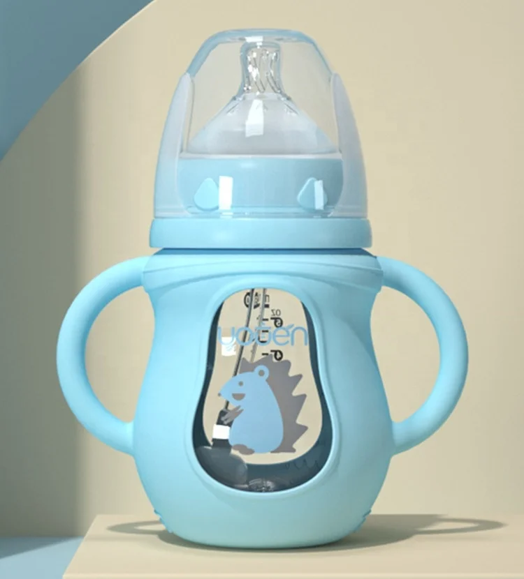Newborn Baby Wide Mouth Glass Baby Feeding Bottle With Straw Silicone Anti-Drop Sleeve