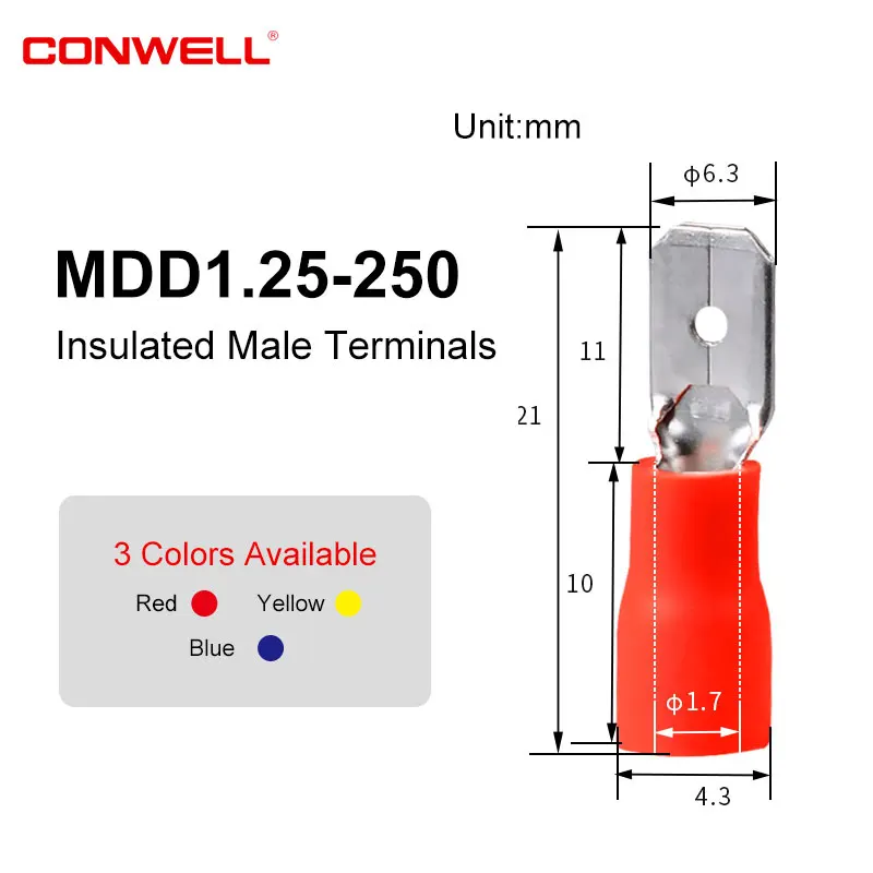 
MDD1.25-100 Electrical Terminals Copper Terminal MDD Nylon Brass Insulated Male Spade Crimping Terminal 