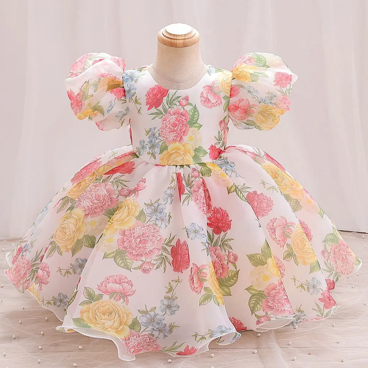 Wholesale Girl Kids Clothing Bubble Sleeves Polyester Printing Flower High Princess Clothes Dress gown high-end