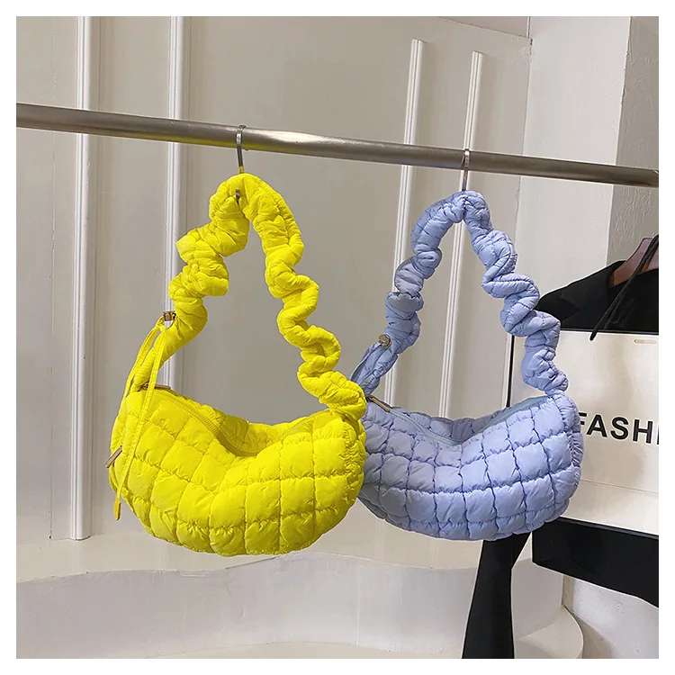 High Quality Korean style soft Winter Padded Polyester Quilted puffy Fabric Women Handbag Softness Pleated Underarm Bag