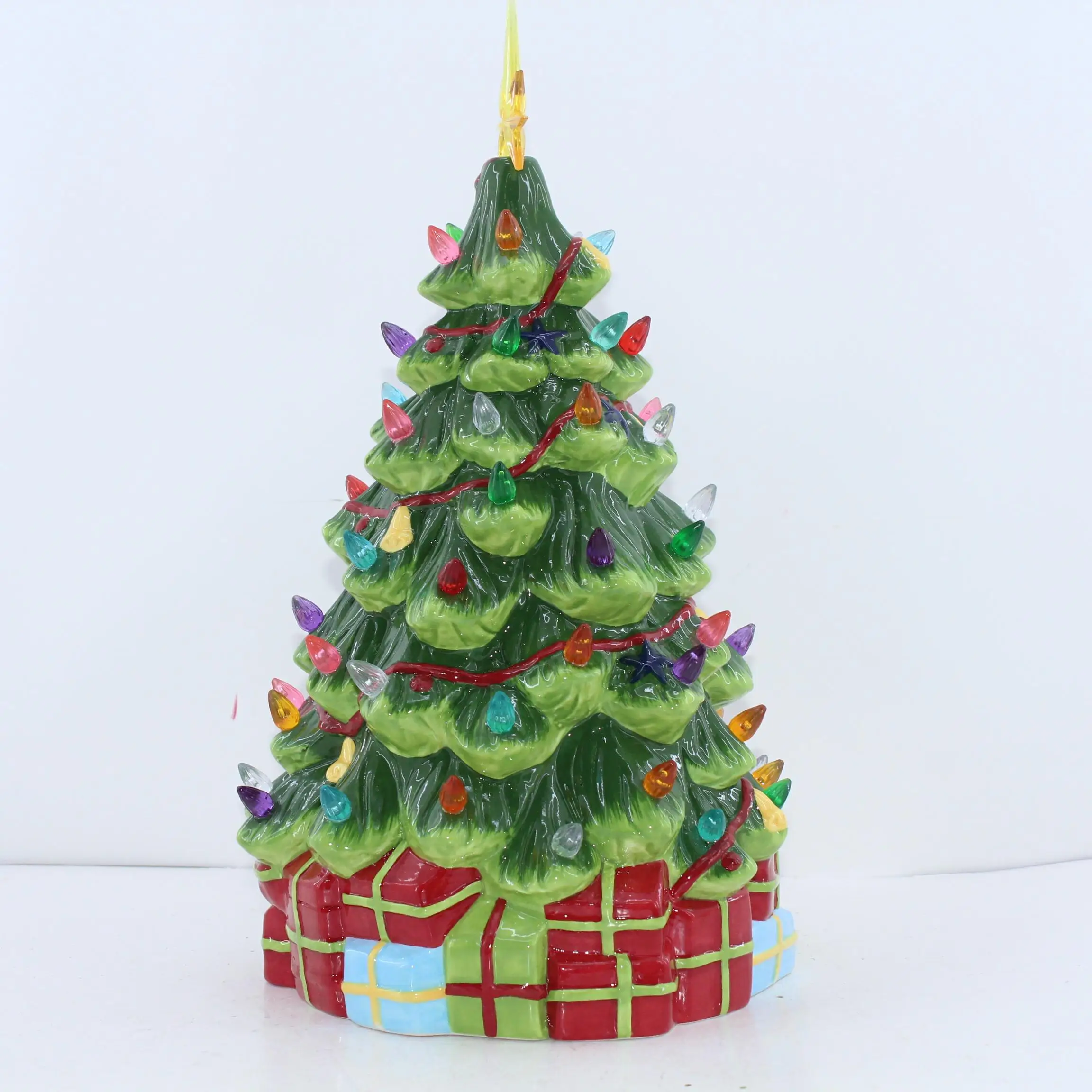 Custom Ceramic Lighthouse Toy Artificial Green Ornament Tree Table Decoration Glowing Christmas tree
