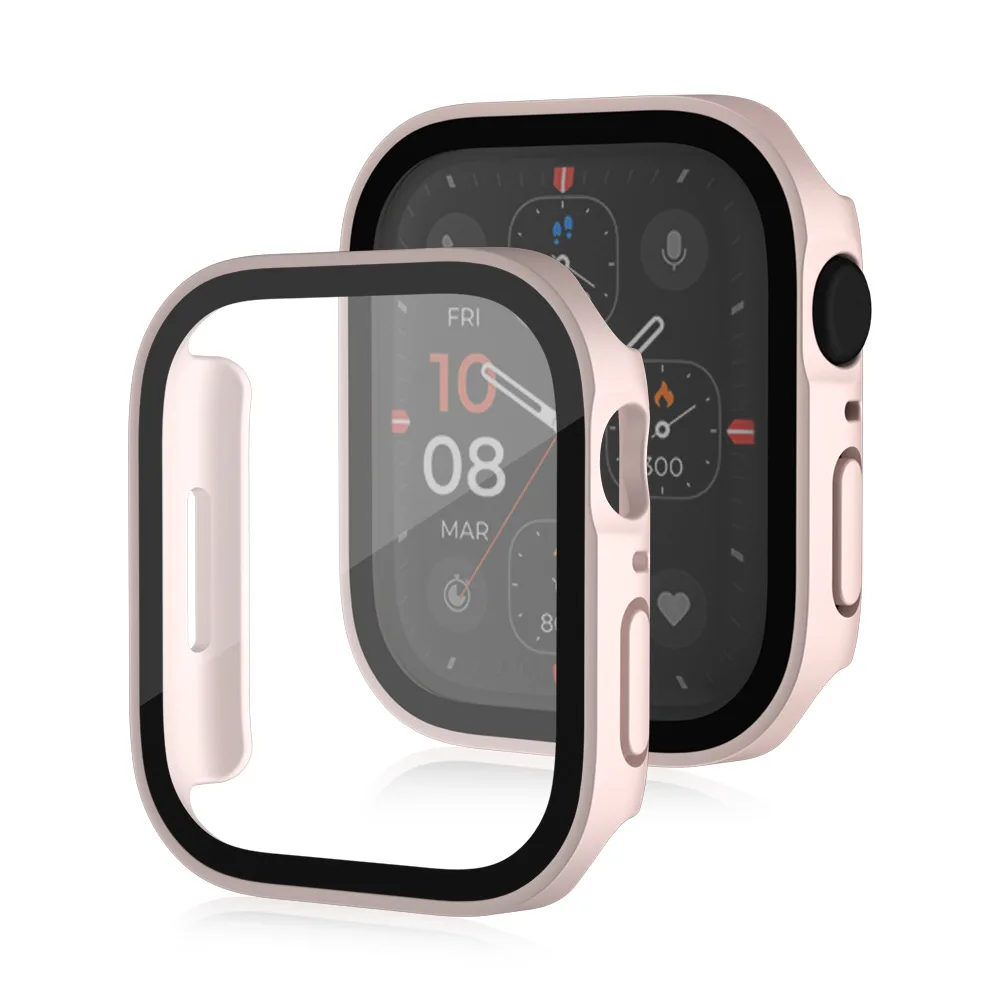 Стекло + чехол для Apple Watch серии 8 7 6 5 4 se 44 мм 40 41 45 защита экрана с прямым краем аксессуары