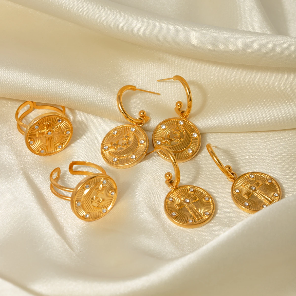 J&D Jewelry Waterproof Stainless Steel 18K Gold Plated Round Coin Moon Star Cross Drop Earring Ring