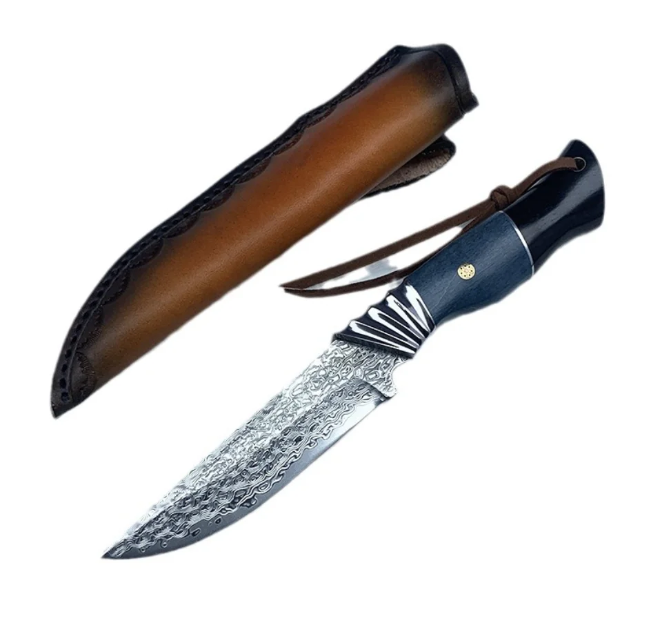 Handmade Forged Damascus Steel Hunting Knife Fixed Blade Knife With Leather Sheath For Outdoor Survival Camping Tactical Pocket