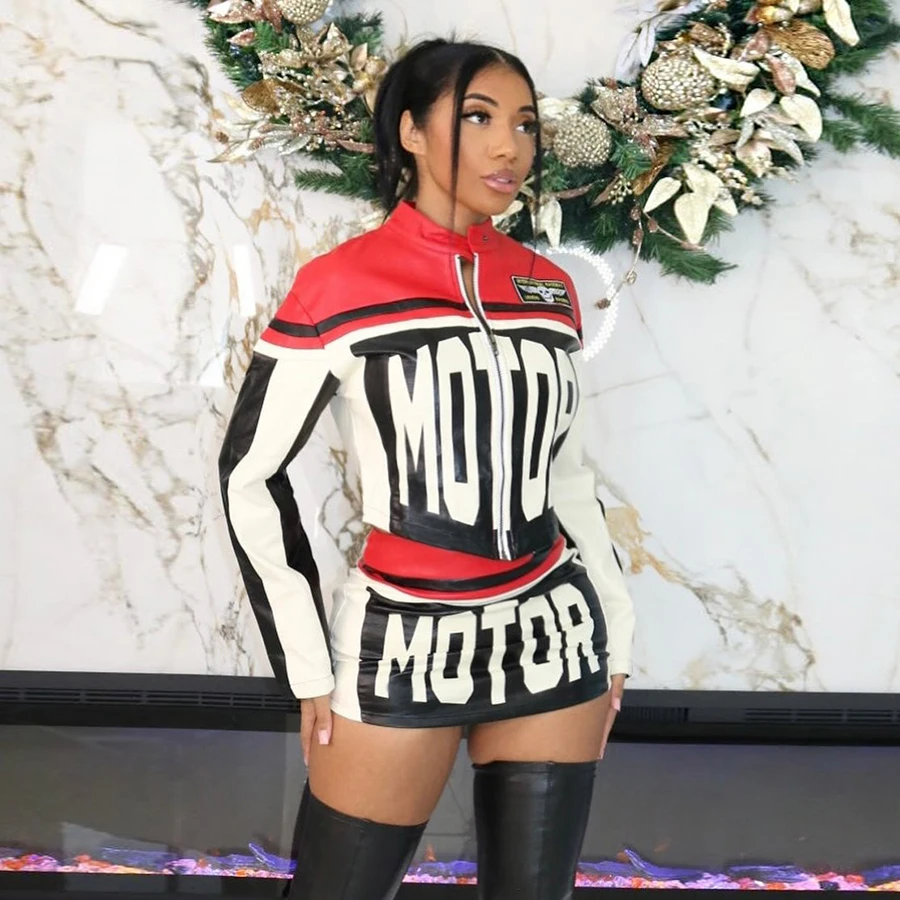 Kliou K23S39950 Cool Girl Racing Style Zipper Tops Jacket+Mini Hip Skirt Suit Autumn Moto & Biker Air Layer Two Piece Set Women