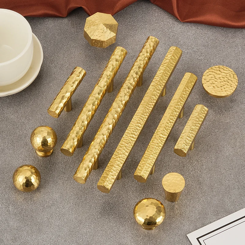 Luxury Style Like hammer hit Rough surface Hexagon round gold color Brass Antioxidant Textured Furniture Handles knurled knobs